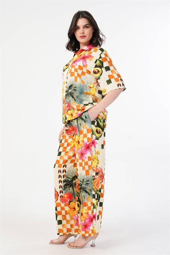 Mısırlı Kadın Viskon Kısa Kollu Gömlek Takım Çok Renkli