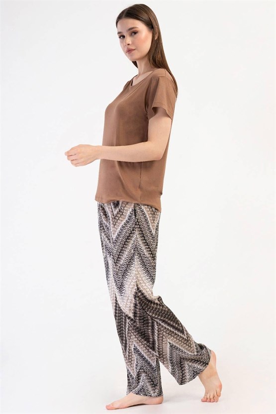 Mısırlı Kadın Viskon Kısa Kollu Pijama Takımı Kahverengi