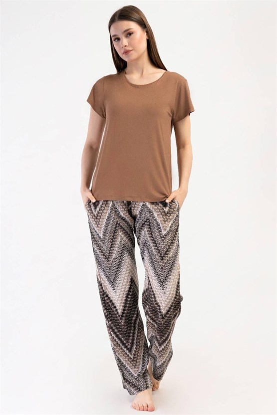 Mısırlı Kadın Viskon Kısa Kollu Pijama Takımı Kahverengi