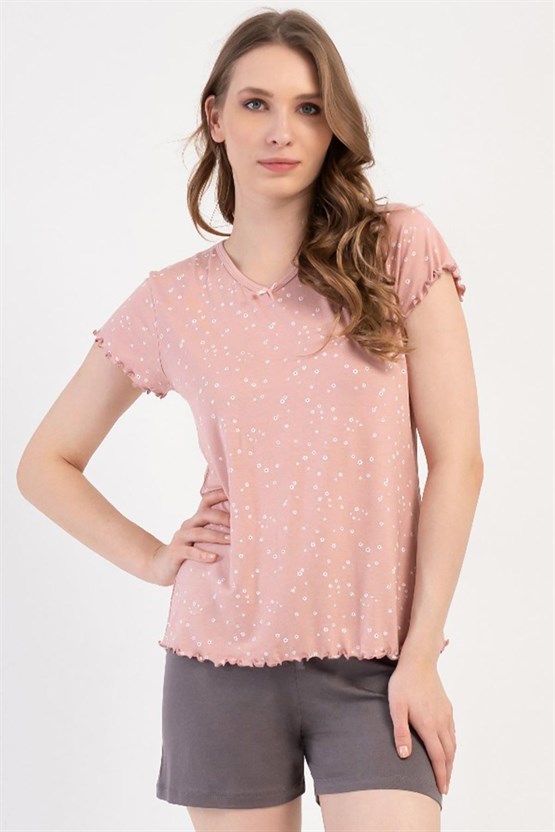 Mısırlı Kadın Viskon Kısa Kollu Şort Pijama Takımı Toz Pembe
