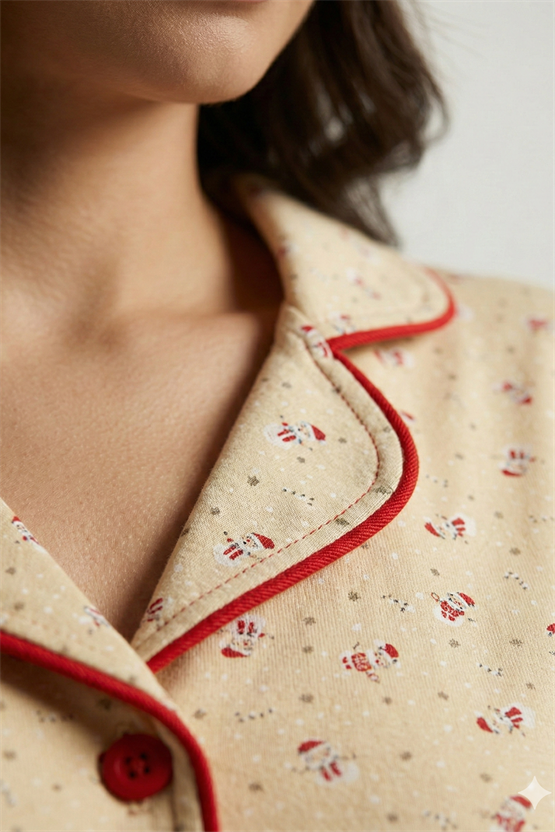 Mısırlı Kadın Pamuk Biye Detaylı Pijama Takım Ekru