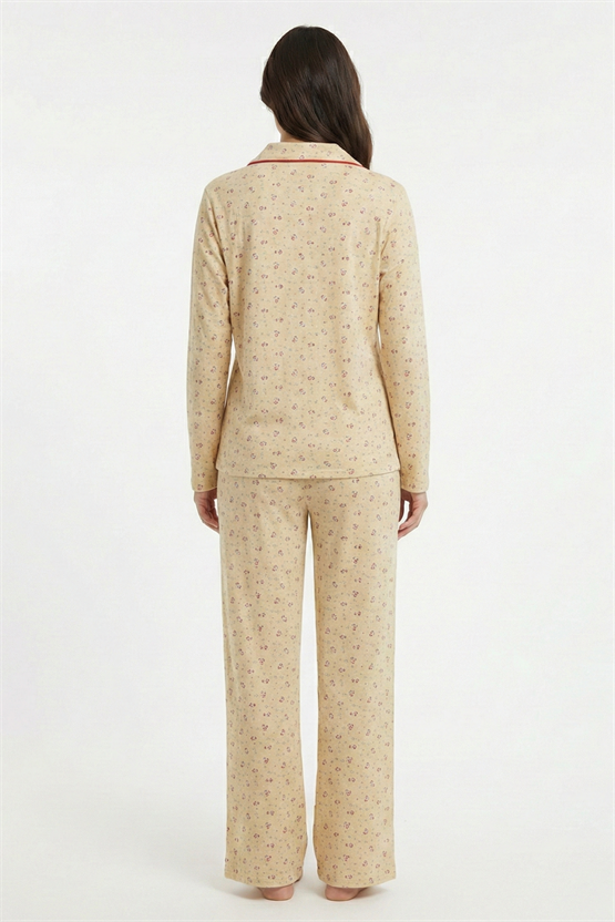 Mısırlı Kadın Pamuk Biye Detaylı Pijama Takım Ekru