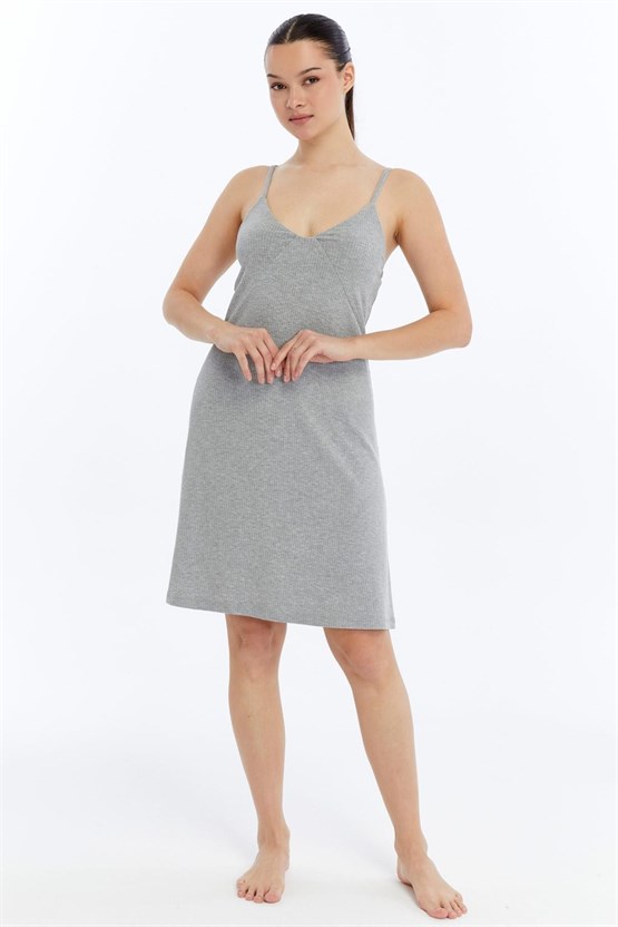 Mısırlı Kaşkorse Ribli Askılı Gecelik Gri Melanj