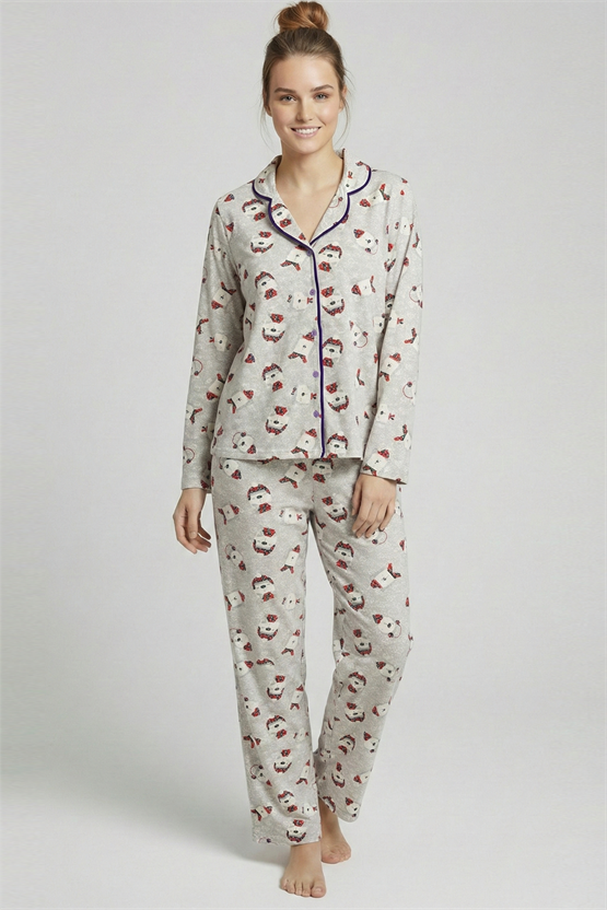 Mısırlı Kadın Pamuk Baskı Detaylı Pijama Takım Gri Melanj