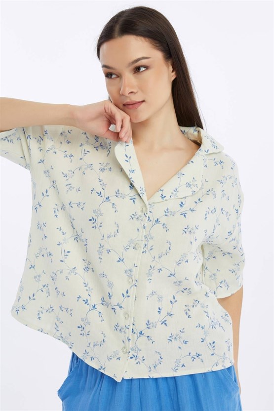 Mısırlı MÜSLİN Çiçekli Gömlek Mavi