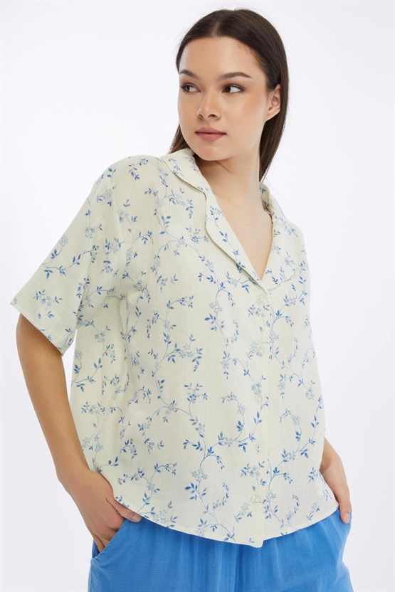 Mısırlı MÜSLİN Çiçekli Gömlek Mavi