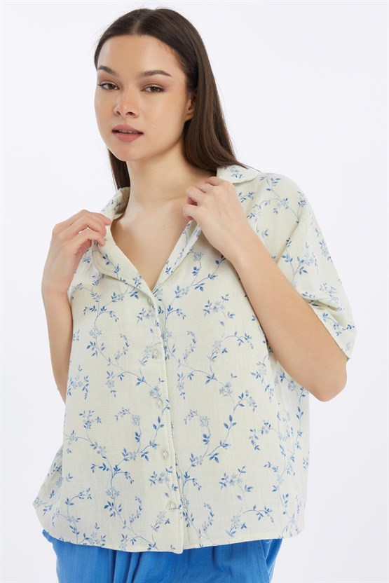 Mısırlı MÜSLİN Çiçekli Gömlek Mavi