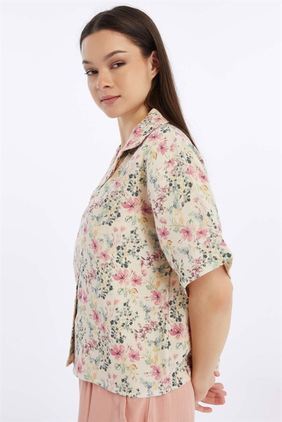 Mısırlı MÜSLİN Pamuklu Çiçekli Gömlek Pembe