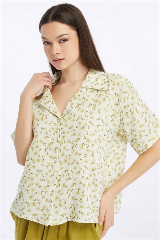 Mısırlı MÜSLİN Pamuklu Çiçekli Gömlek Yeşil