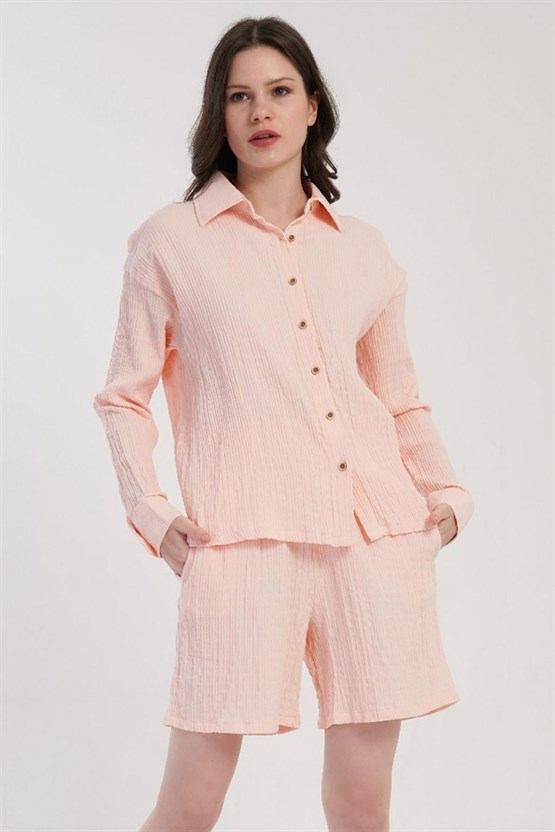 Mısırlı MÜSLİN Uzun Kol Şort Takımı Pembe