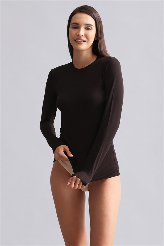 Mısırlı Modal by TENCEL BRITT Bisiklet Yaka Uzun Kollu Fanila / Sweatshirt Kahverengi