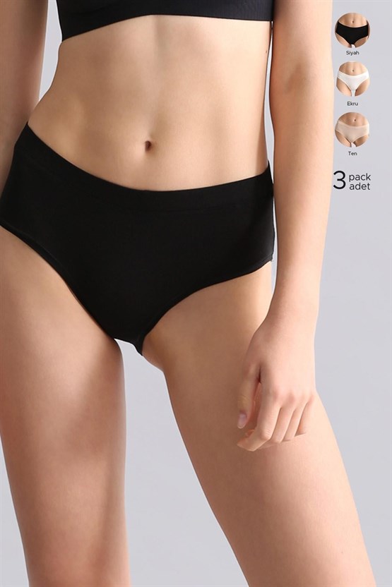 Mısırlı Modal by TENCEL HERA Gizli Lastikli Brazillian 3lü Külot Siyah-Beyaz-Ten