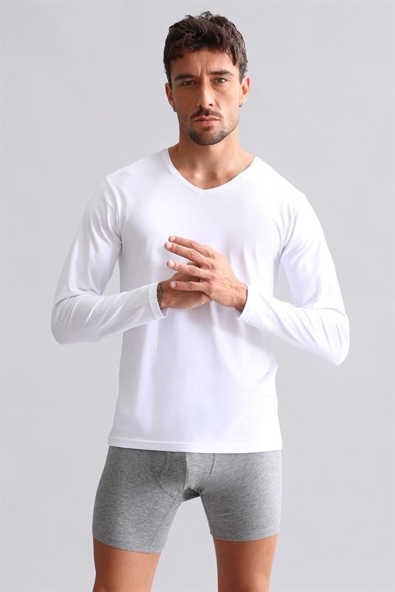Mısırlı Modal by TENCEL HERCULES Slim Fit V Yaka Uzun Kollu Fanila / T-Shirt Beyaz