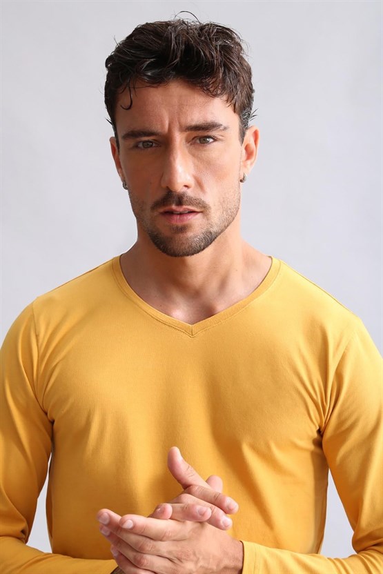 Mısırlı Modal by TENCEL HERCULES Slim Fit V Yaka Uzun Kollu Fanila / T-Shirt Hardal