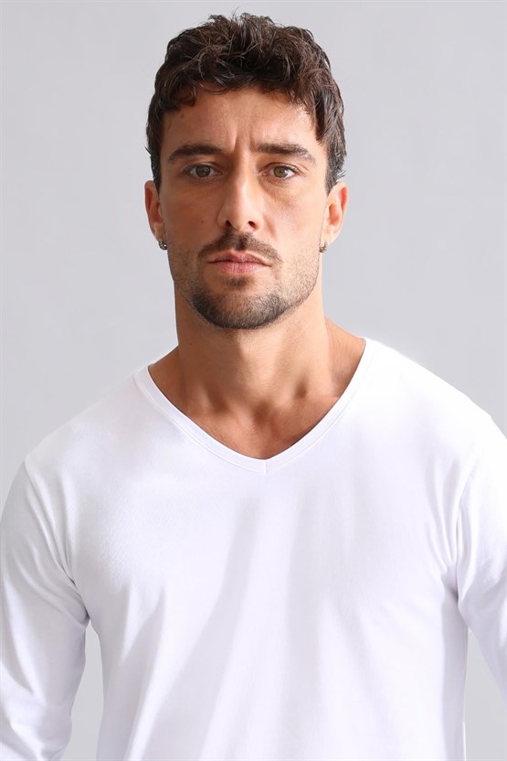 Mısırlı Modal by TENCEL HERCULES Slim Fit V Yaka Uzun Kollu Fanila / T-Shirt Beyaz