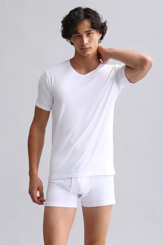 Mısırlı Modal by TENCEL HERCULES Slim Fit V Yaka Fanila / T-Shirt Beyaz