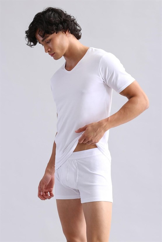 Mısırlı Modal by TENCEL HERCULES Slim Fit V Yaka Fanila / T-Shirt Beyaz