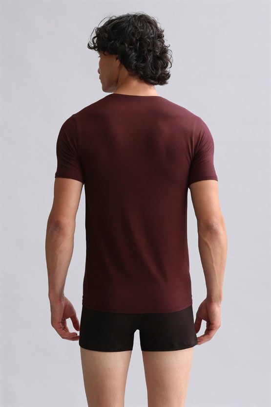 Mısırlı Modal by TENCEL HERCULES Slim Fit V Yaka Fanila / T-Shirt Bordo
