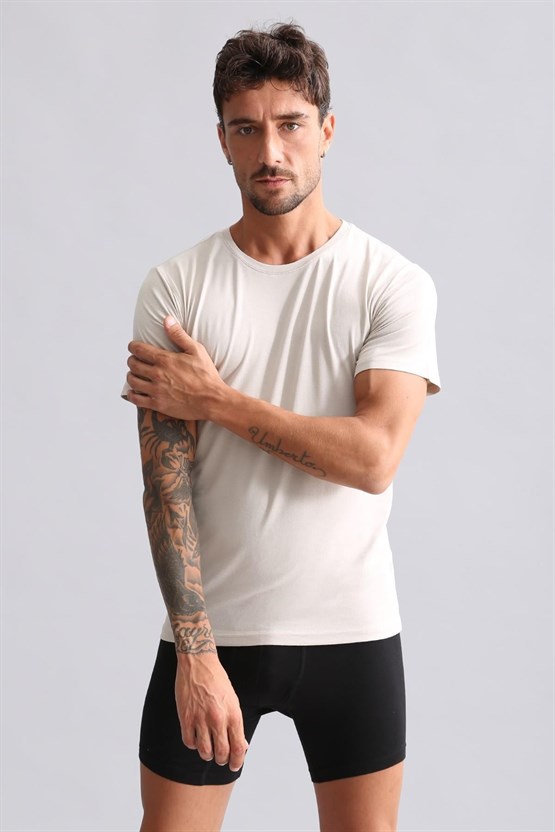 Mısırlı Modal by TENCEL HERCULES Slim Fit Bisiklet Yaka Fanila / T-Shirt Toprak Bej