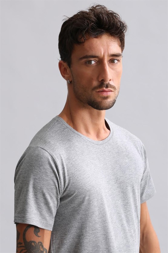 Mısırlı Modal by TENCEL HERCULES Slim Fit Bisiklet Yaka Fanila / T-Shirt Gri Melanj