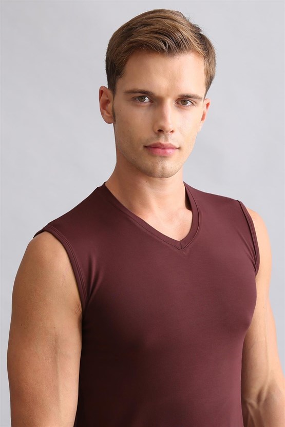Mısırlı Modal by TENCEL HERCULES Slim Fit V Yaka Sporcu Atlet / T-Shirt Bordo