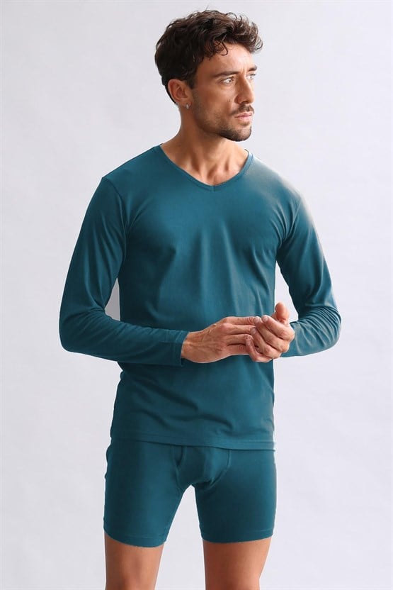 Mısırlı Modal by TENCEL HERCULES Slim Fit V Yaka Uzun Kollu Fanila / T-Shirt Fit Green