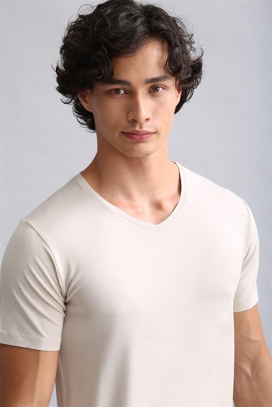 Mısırlı Modal by TENCEL HERCULES Slim Fit V Yaka Fanila / T-Shirt Toprak Bej