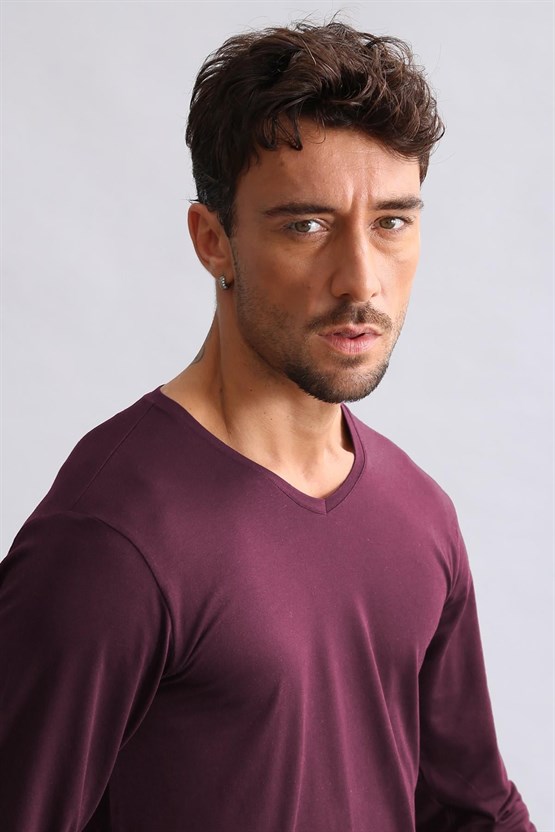 Mısırlı Modal by TENCEL HERCULES Slim Fit V Yaka Uzun Kollu Fanila / T-Shirt Mor
