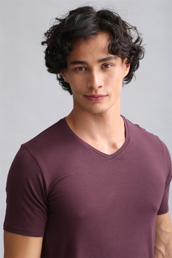 Mısırlı Modal by TENCEL HERCULES Slim Fit V Yaka Fanila / T-Shirt Mor