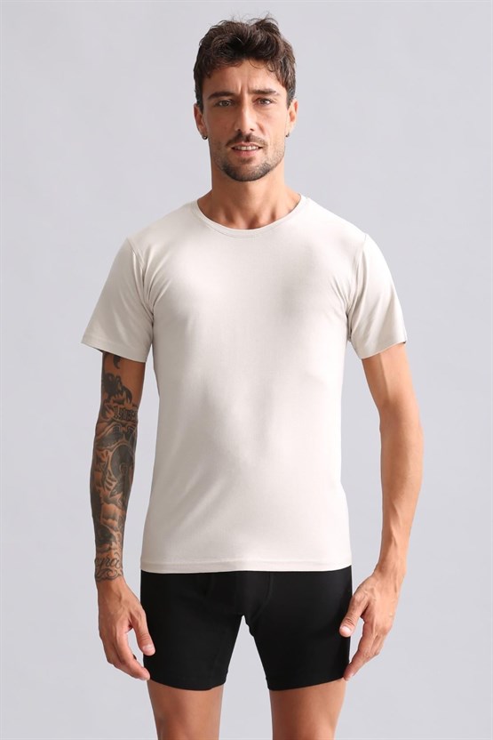Mısırlı Modal by TENCEL HERCULES Slim Fit Bisiklet Yaka Fanila / T-Shirt Toprak Bej