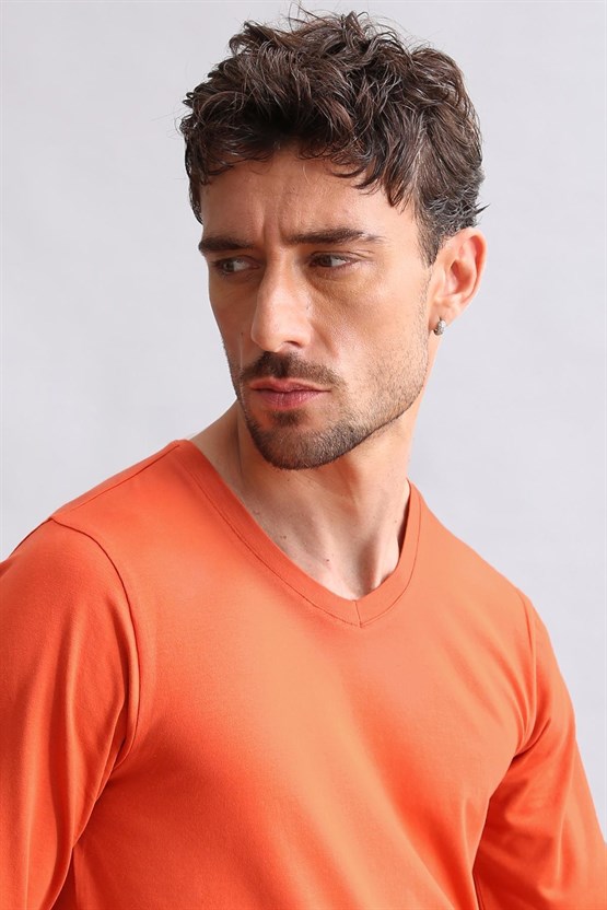 Mısırlı Modal by TENCEL HERCULES Slim Fit V Yaka Uzun Kollu Fanila / T-Shirt Pas Kırmızı