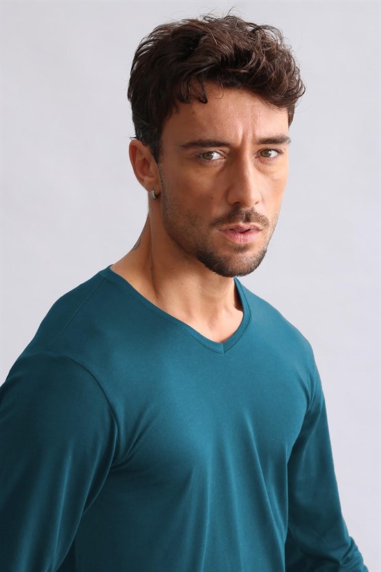 Mısırlı Modal by TENCEL HERCULES Slim Fit V Yaka Uzun Kollu Fanila / T-Shirt Fit Green