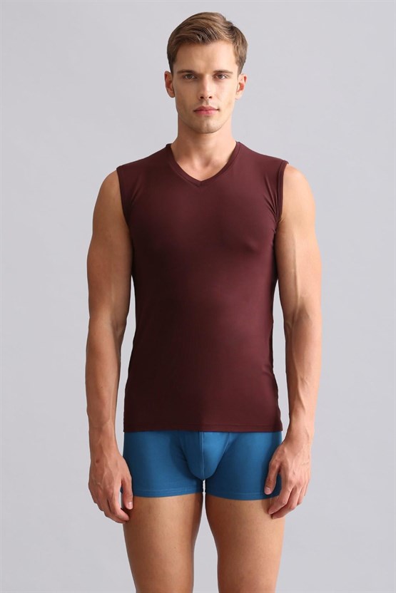 Mısırlı Modal by TENCEL HERCULES Slim Fit V Yaka Sporcu Atlet / T-Shirt Bordo