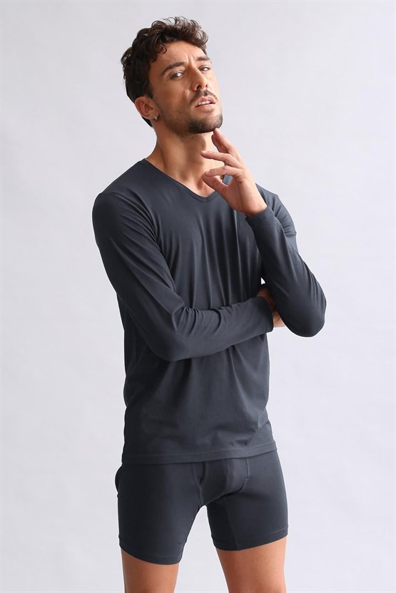 Mısırlı Modal by TENCEL HERCULES Slim Fit V Yaka Uzun Kollu Fanila / T-Shirt Antrasit