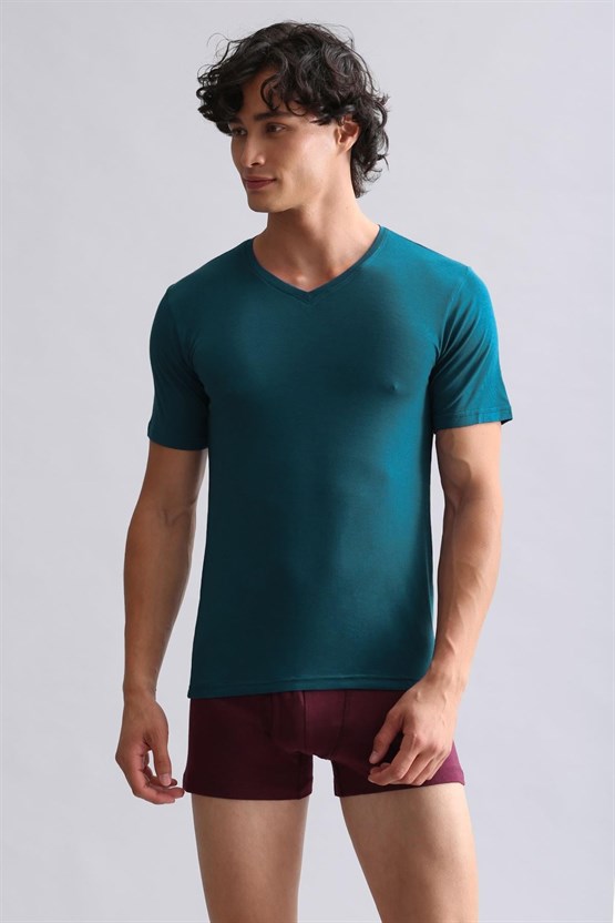 Mısırlı Modal by TENCEL HERCULES Slim Fit V Yaka Fanila / T-Shirt Fit Green