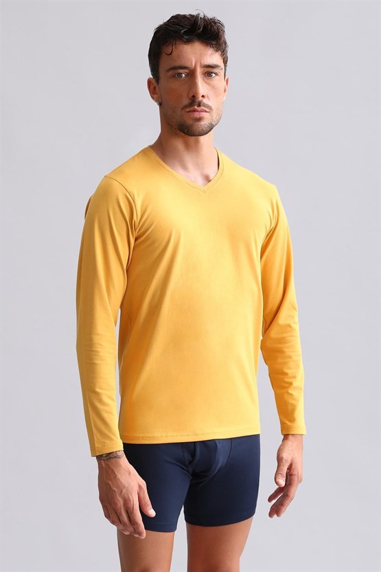 Mısırlı Modal by TENCEL HERCULES Slim Fit V Yaka Uzun Kollu Fanila / T-Shirt Hardal