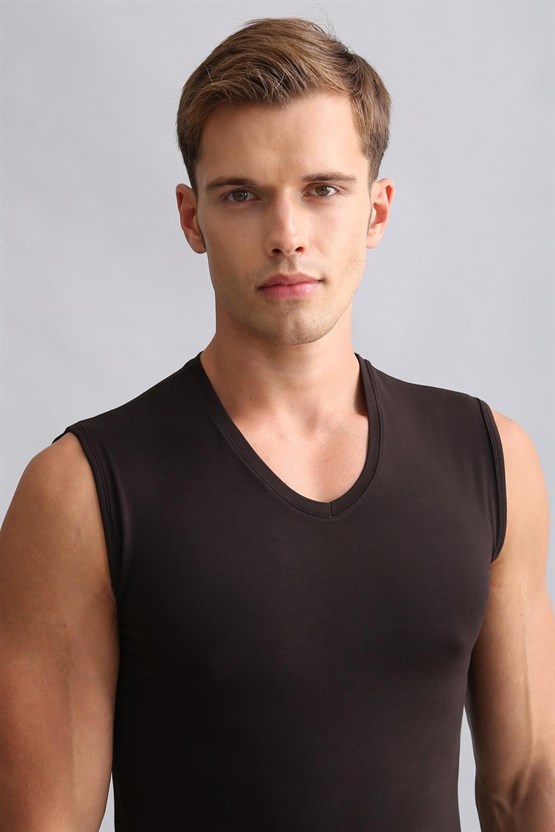 Mısırlı Modal by TENCEL HERCULES Slim Fit V Yaka Sporcu Atlet / T-Shirt Kahverengi