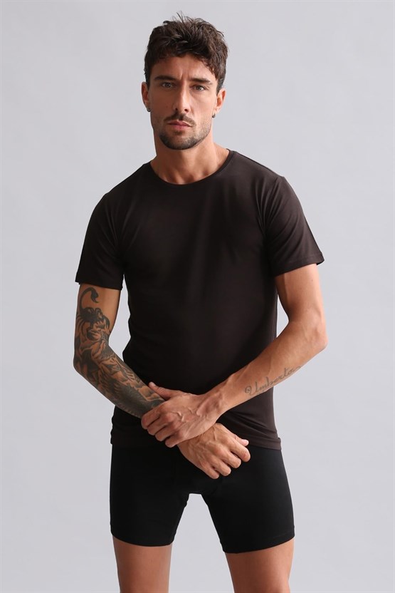 Mısırlı Modal by TENCEL HERCULES Slim Fit Bisiklet Yaka Fanila / T-Shirt Kahverengi