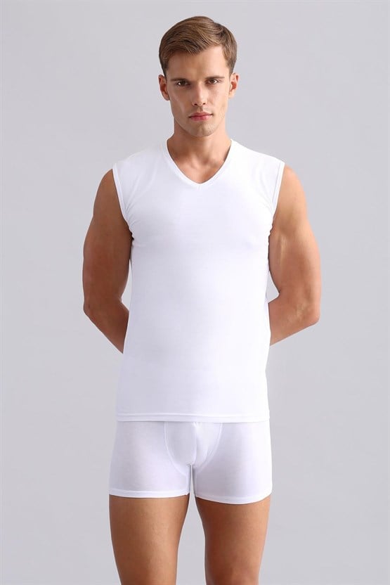 Mısırlı Modal by TENCEL HERCULES Slim Fit V Yaka Sporcu Atlet / T-Shirt Beyaz