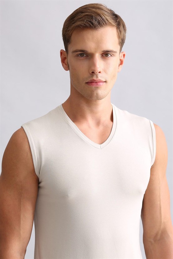 Mısırlı Modal by TENCEL HERCULES Slim Fit V Yaka Sporcu Atlet / T-Shirt Toprak Bej