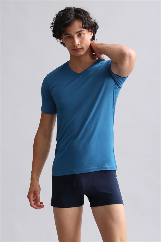 Mısırlı Modal by TENCEL HERCULES Slim Fit V Yaka Fanila / T-Shirt Petrol