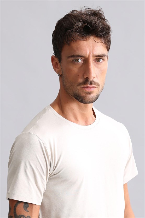 Mısırlı Modal by TENCEL HERCULES Slim Fit Bisiklet Yaka Fanila / T-Shirt Toprak Bej