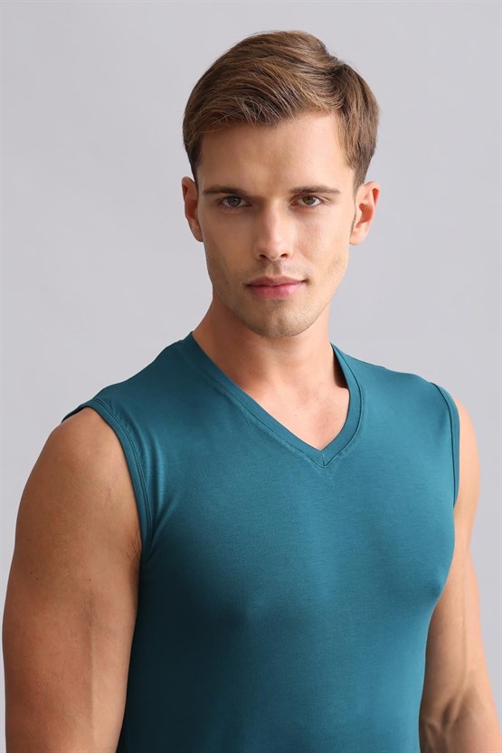 Mısırlı Modal by TENCEL HERCULES Slim Fit V Yaka Sporcu Atlet / T-Shirt Fit Green