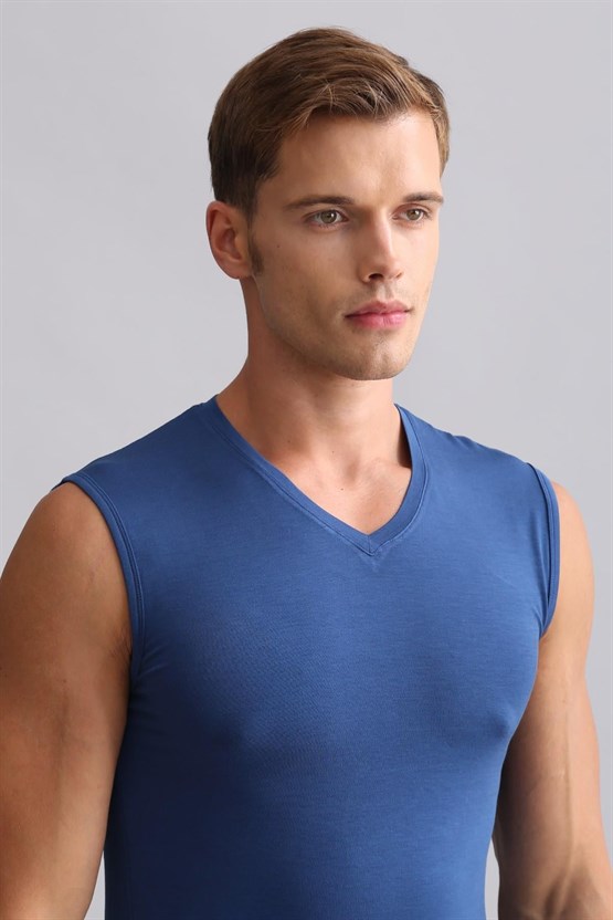 Mısırlı Modal by TENCEL HERCULES Slim Fit V Yaka Sporcu Atlet / T-Shirt Gece Mavisi