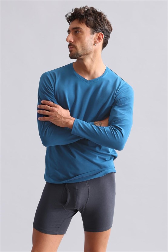 Mısırlı Modal by TENCEL HERCULES Slim Fit V Yaka Uzun Kollu Fanila / T-Shirt Petrol Mavi