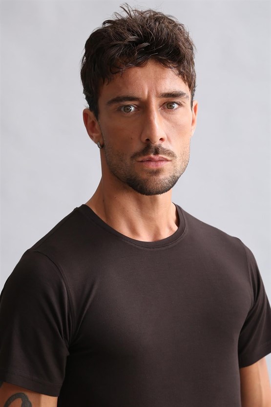 Mısırlı Modal by TENCEL HERCULES Slim Fit Bisiklet Yaka Fanila / T-Shirt Kahverengi