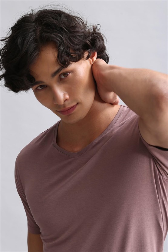 Mısırlı Modal by TENCEL HERCULES Slim Fit V Yaka Fanila / T-Shirt Lavender