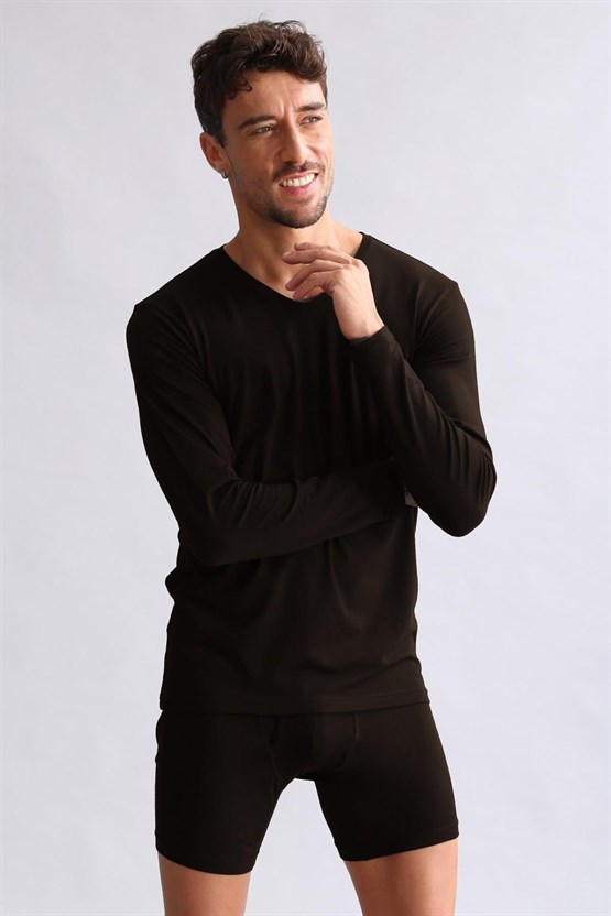 Mısırlı Modal by TENCEL HERCULES Slim Fit V Yaka Uzun Kollu Fanila / T-Shirt Kahverengi