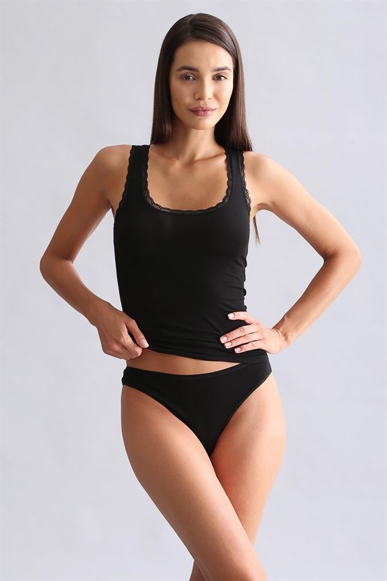 Mısırlı Modal by TENCEL LACE Kalın Askılı Dantelli Atlet / T-Shirt Siyah