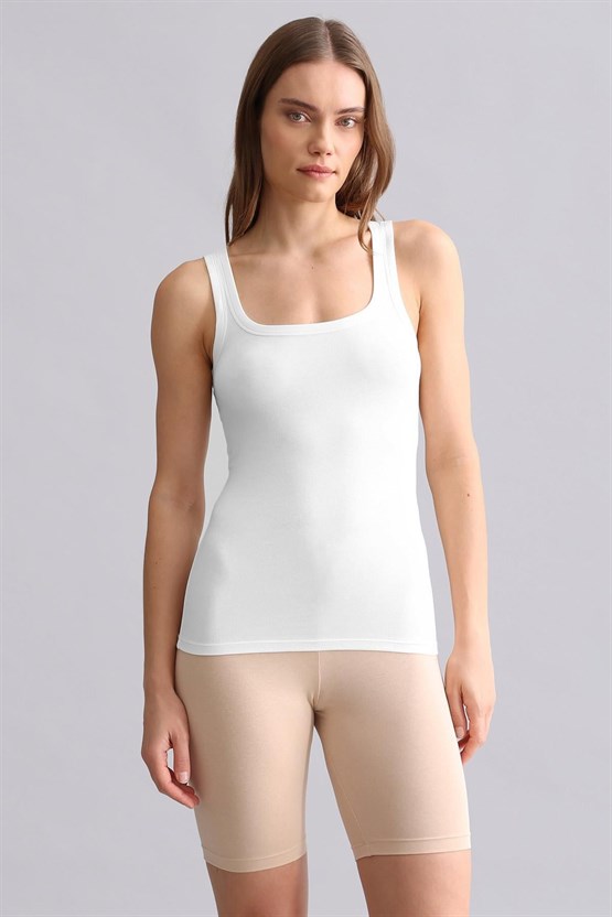 Mısırlı Modal by TENCEL U HELEN Kalın Askılı Long T-Shirt / Atlet Beyaz